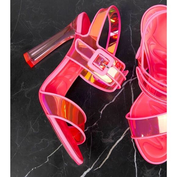Christian Louboutin Duniss 100mm Leather and PVC Sandals Neon Pink 37 - Picture 8 of 12